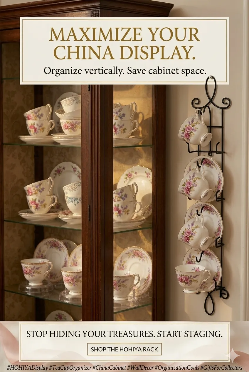 Wall-Mounted Gold Tea Cup & Saucer Display Rack | Vertical Organization