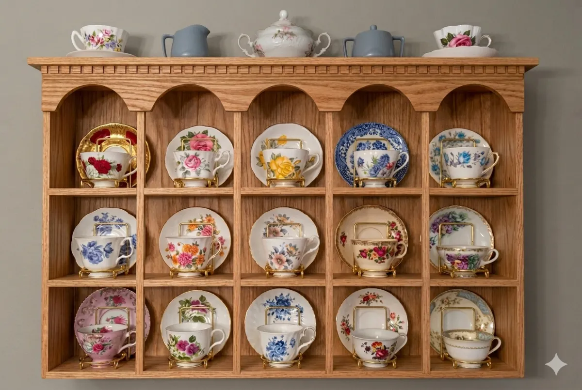 Elegant Tea Corner Natural Wood Cabinet with Gold Cup & Saucer Display Stands