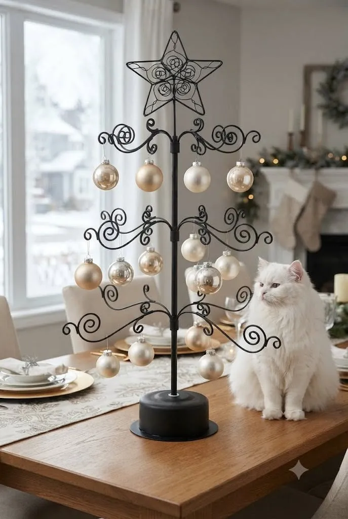 Elegant Dining Table Christmas Centerpiece with White Cat