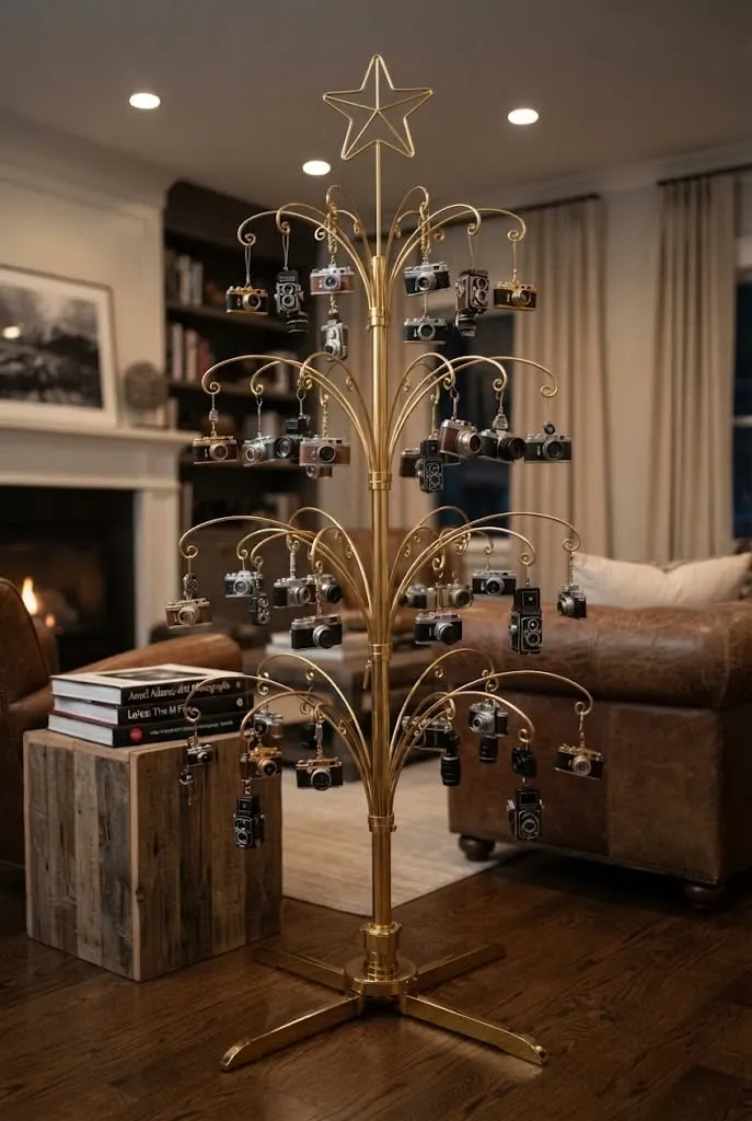Camera Ornament Holiday Collection | 74-Inch Brass Gold Rotating Display Tree